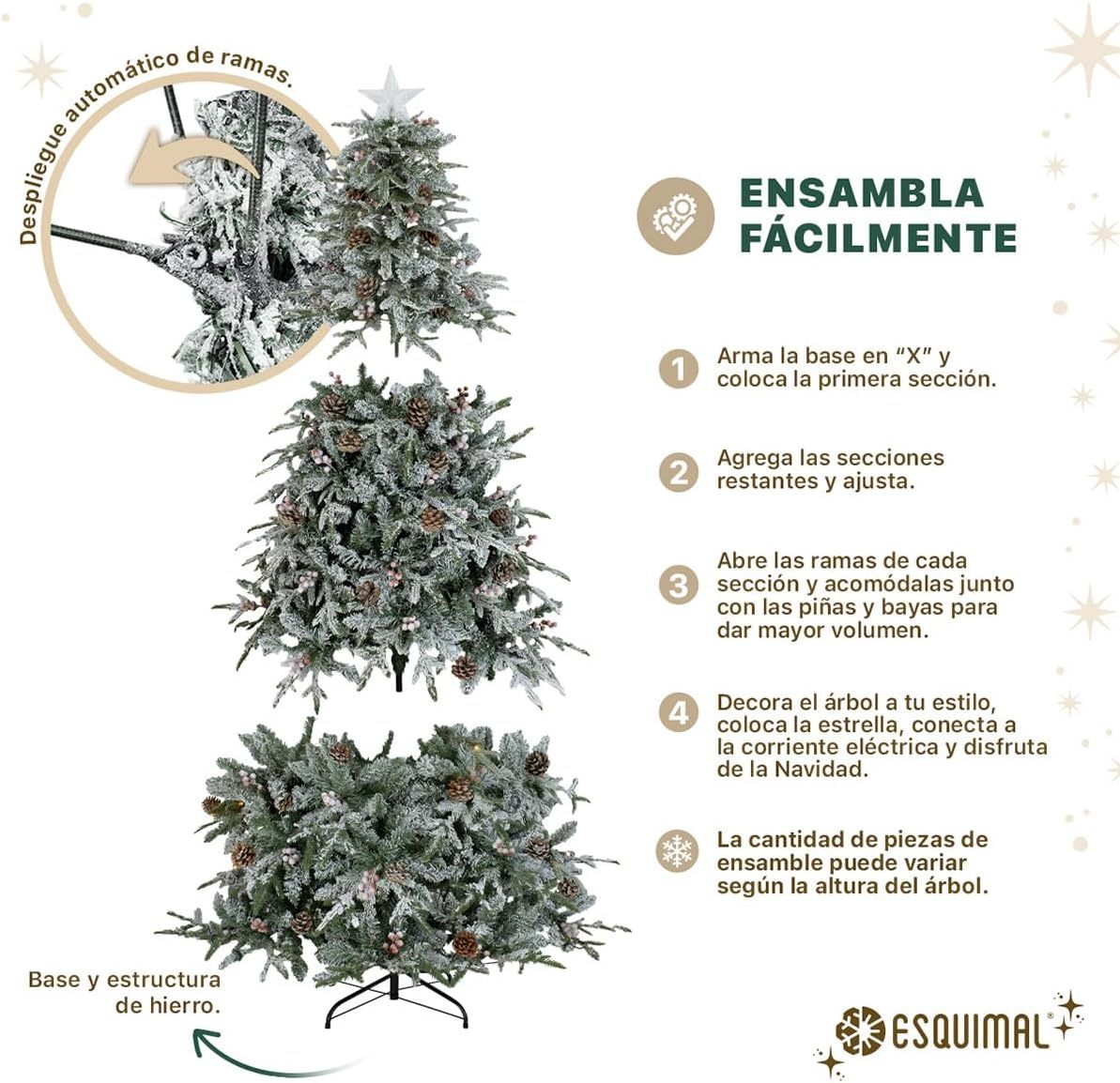 ESQUIMAL Árbol de Navidad Nevado con Luces LED 8 Modos de Iluminación + Estrella + Piñas + Bayas Rojas (1.80 m)