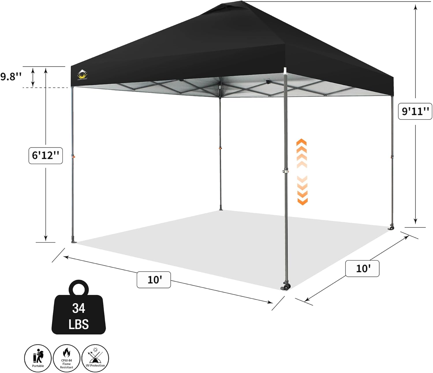 CROWN SHADES - Toldo desplegable de 3.60 x 3.60 metros, toldo patentado de un empuje con bolsa de transporte con ruedas, 8 estacas y 4 cuerdas, negro