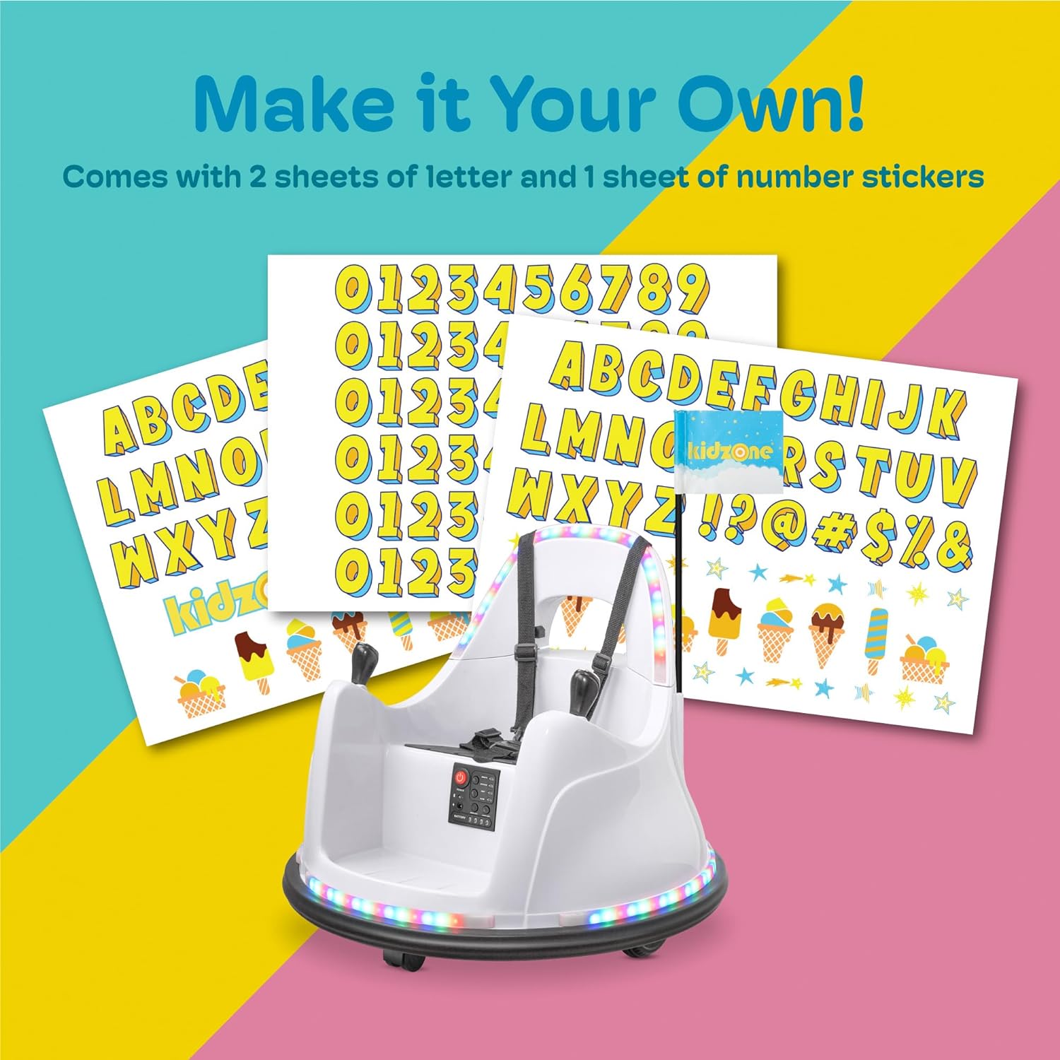 Kidzone Coche de parachoques inteligente para niños pequeños y niños, 12 V, 2 velocidades, juguete eléctrico para chocar, regalos con control remoto, control de aplicación, luces LED, Bluetooth, giro de 360° y pegatina de bricolaje, certificado ASTM