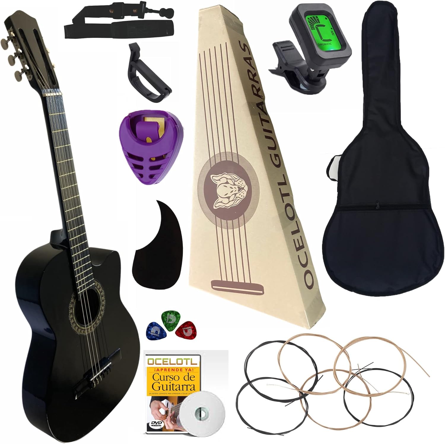 Guitarra Acústica Curva Ocelotl® Paquete Vital De Accesorios (Negro)