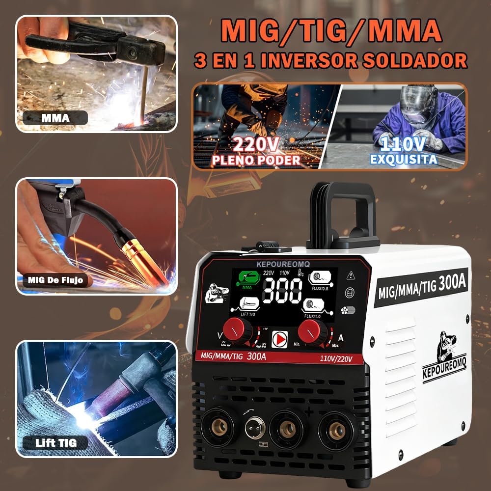 KEPOUREOMQ Soldadora Inversora Portátil de 315A, 3 en 1 Soldadora Inverter de MIG/MMA/TIG, Máquina de Soldar sin Gas, con Voltage Dual 110/220V, 60% Ciclo de Trabajo, Inversor IGBT, LED Pantalla, IP21