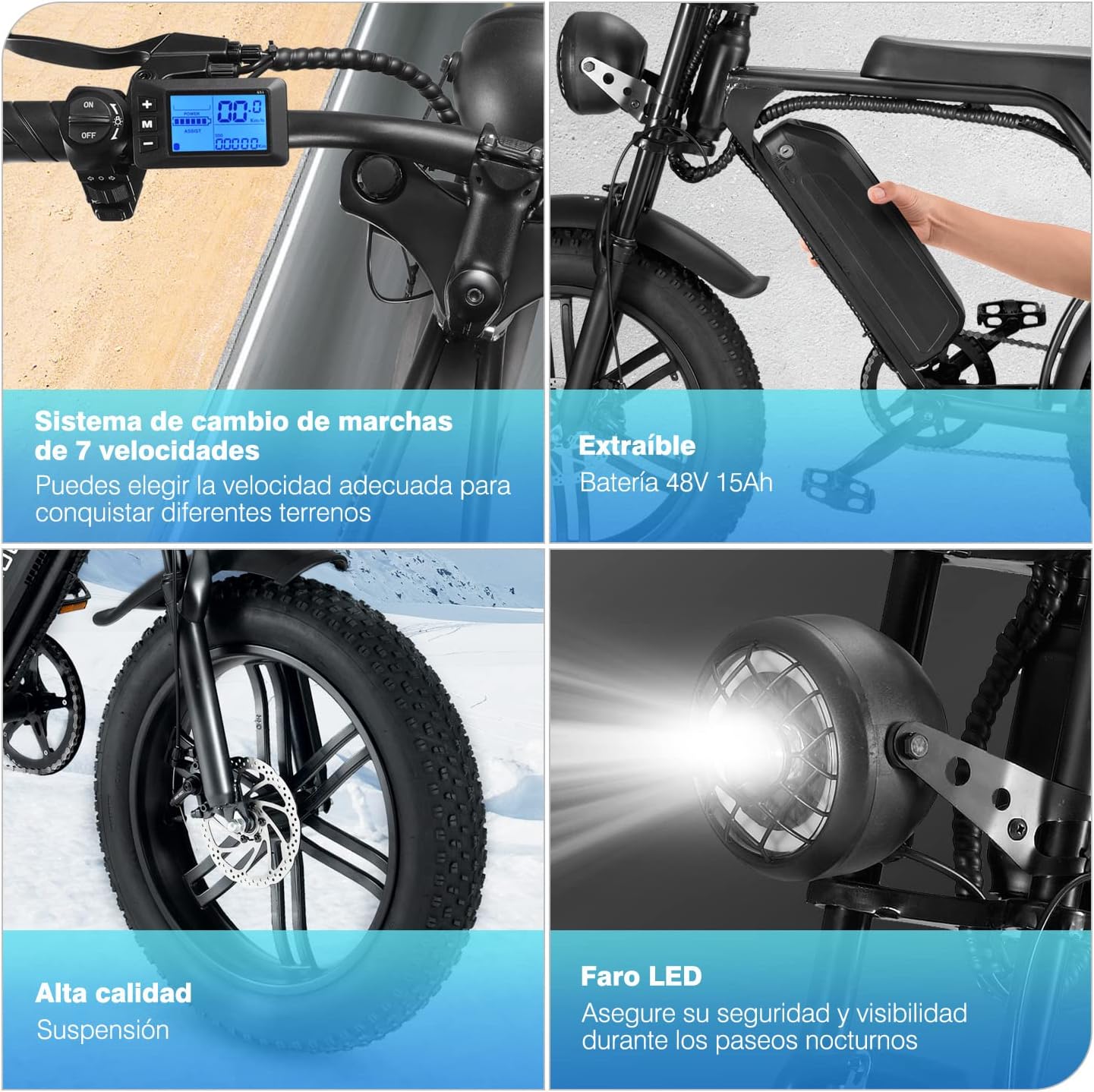 NOVANGUA Bicicleta Eléctrica para Adultos,750 W,48V 15Ah Batería Extraíble, Bicicleta Eléctrica de 65km Larga Distancia & 50KM/h,Shimano 7 Velocidades y Amortiguador Doble para Moto de Cross