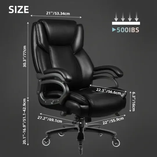 Silla de Oficina Ergonómica de Tamaño Grande 500lbs de Alta Resistencia - Asiento Ejecutivo de Respaldo Alto con Soporte Lumbar, Ruedas de Goma Silenciosas y Diseño Alto y Ancho para Alivio del Dolor de Espalda Baja