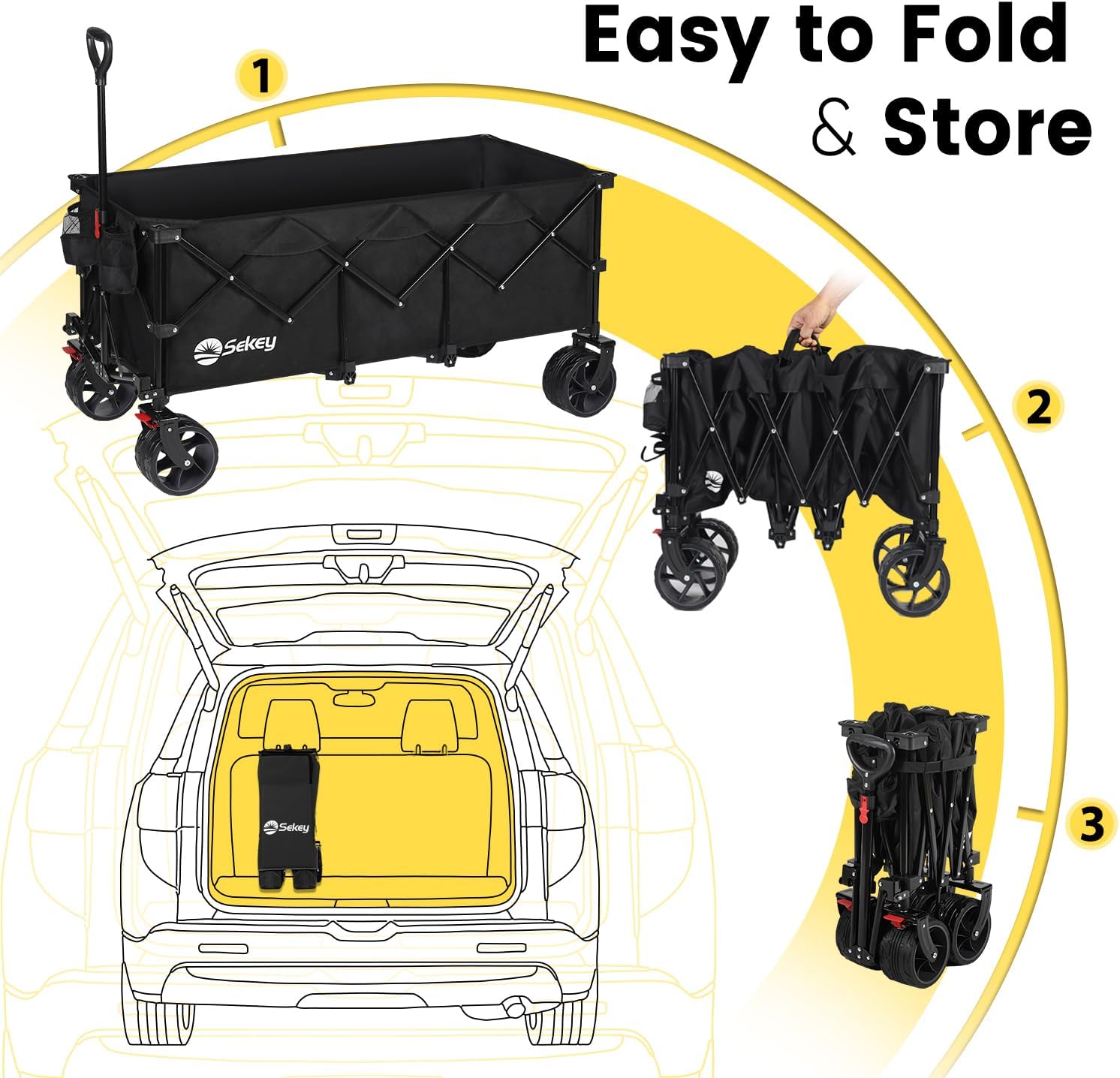 Sekey Carro plegable plegable de 48 pulgadas de largo con capacidad de peso de 420 libras, carro de jardín plegable de 300 litros de servicio pesado con ruedas de playa grandes todo terreno y soportes