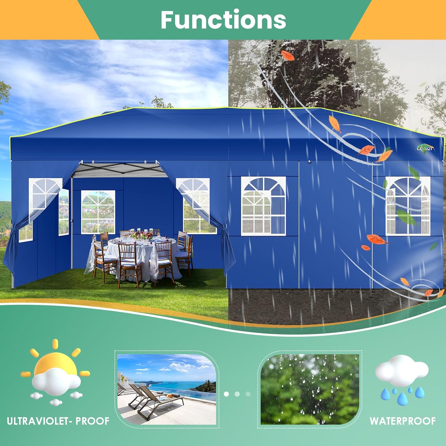 COBIZI - Tienda de campaña desplegable de 10 x 20 Pulgadas, Tienda de campaña instantánea Comercial para Bodas, Fiestas con 3 Altura Ajustable, toldo Ez Up para Exteriores, Impermeable, UPF50+ con