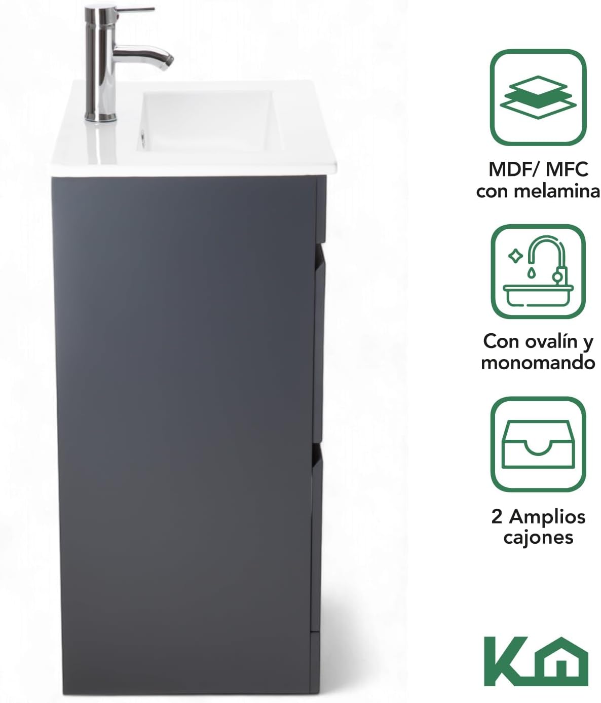 Kingshouse | Gabinete para Baño con Ovalín y Monomando – Mueble de Baño Lavamanos con 2 Cajones – Lavabo – Gabiente Organizador - Color Gris Mate – Fibra de Madera MDF – Lavamanos De Cerámica