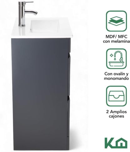 Kingshouse | Gabinete para Baño con Ovalín y Monomando – Mueble de Baño Lavamanos con 2 Cajones – Lavabo – Gabiente Organizador - Color Gris Mate – Fibra de Madera MDF – Lavamanos De Cerámica