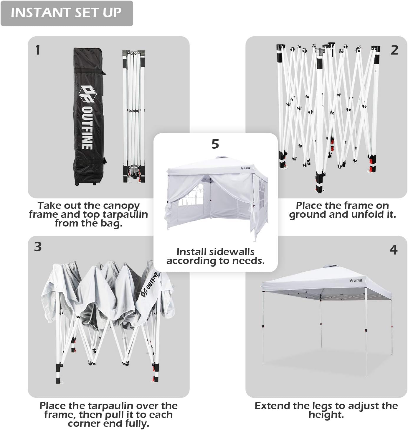 OUTFINE - Toldo desplegable de 10 x 10 pies, para cenador instantáneo, totalmente impermeable, toldos para fiestas al aire última intervensión con 4 paredes laterales extraíbles, estacas x 8, cuerdas x 4 (negro, 10 x 10 pies)
