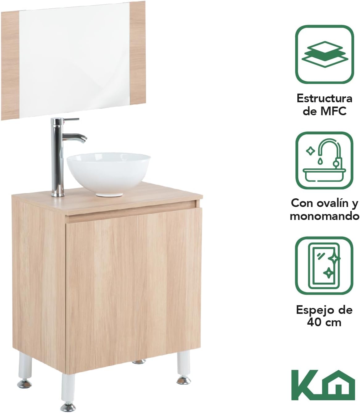 Kingshouse | Gabinete para Baño con Ovalín y Monomando – Mueble de Baño Lavamanos con 2 Cajones – Lavabo – Gabiente Organizador - Color Gris Mate – Fibra de Madera MDF – Lavamanos De Cerámica