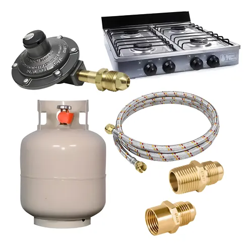Kit Parrilla De 4 Quemadores, Tanque De Gas 9 Kg Y Regulador