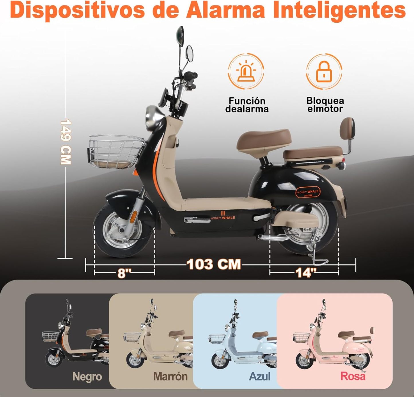 HONEYWHALE UNA Bicicleta Electrica para Adultos, Moto Electrica con Alarma, Potencia Motor MAX 800W, Velocidad MAX 45KM/H, Autonomía 60KM, Bateria 20AH de Gran Capacidad