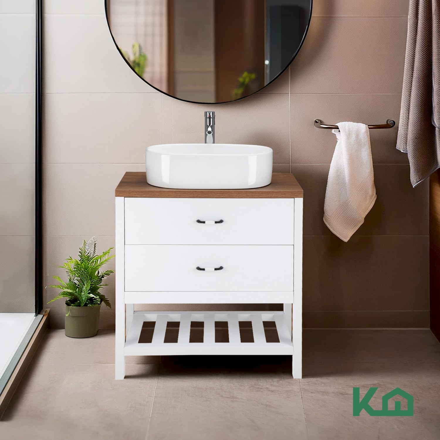 Kingshouse | Gabinete para Baño con Ovalín y Monomando – Mueble de Baño Lavamanos con 2 Cajones – Lavabo – Gabiente Organizador - Color Gris Mate – Fibra de Madera MDF – Lavamanos De Cerámica