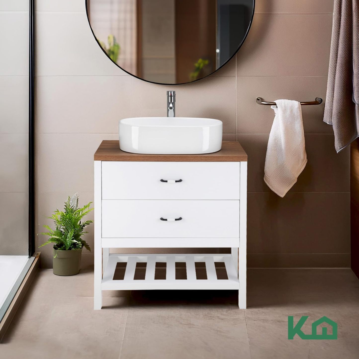 Kingshouse | Gabinete para Baño con Ovalín y Monomando – Mueble de Baño Lavamanos con 2 Cajones – Lavabo – Gabiente Organizador - Color Gris Mate – Fibra de Madera MDF – Lavamanos De Cerámica