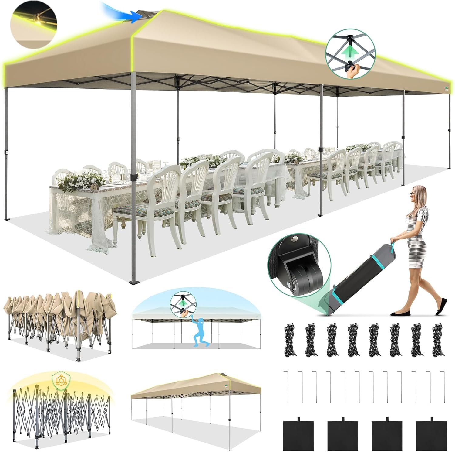 COBIZI - Tienda de campaña desplegable de 10 x 20 Pulgadas, Tienda de campaña instantánea Comercial para Bodas, Fiestas con 3 Altura Ajustable, toldo Ez Up para Exteriores, Impermeable, UPF50+ con