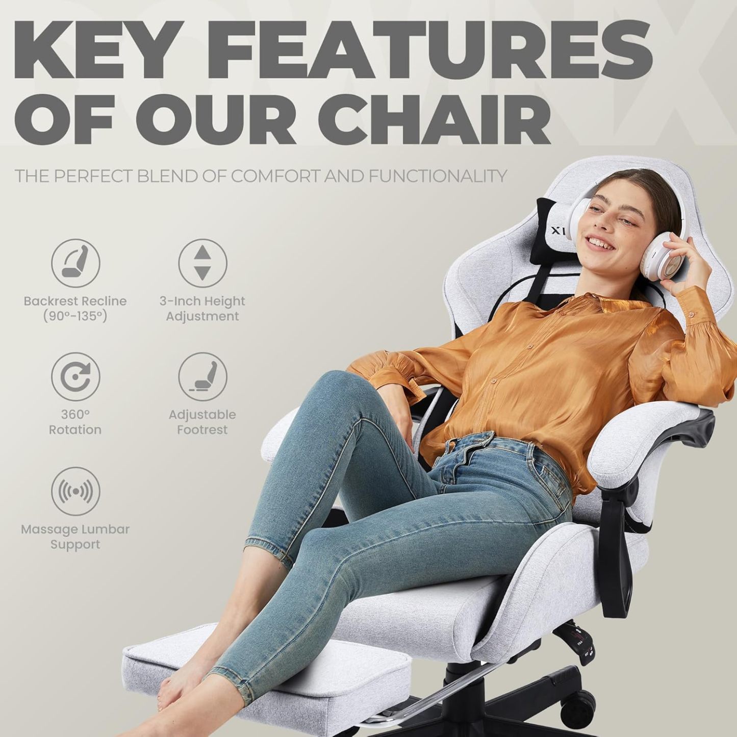 Dowinx - Silla de Juego de Tela con cojín de Resorte de Bolsillo, Silla de Juego de Masaje con reposacabezas, Silla ergonómica de computadora con reposapiés de 300 Libras, Negro y Gris