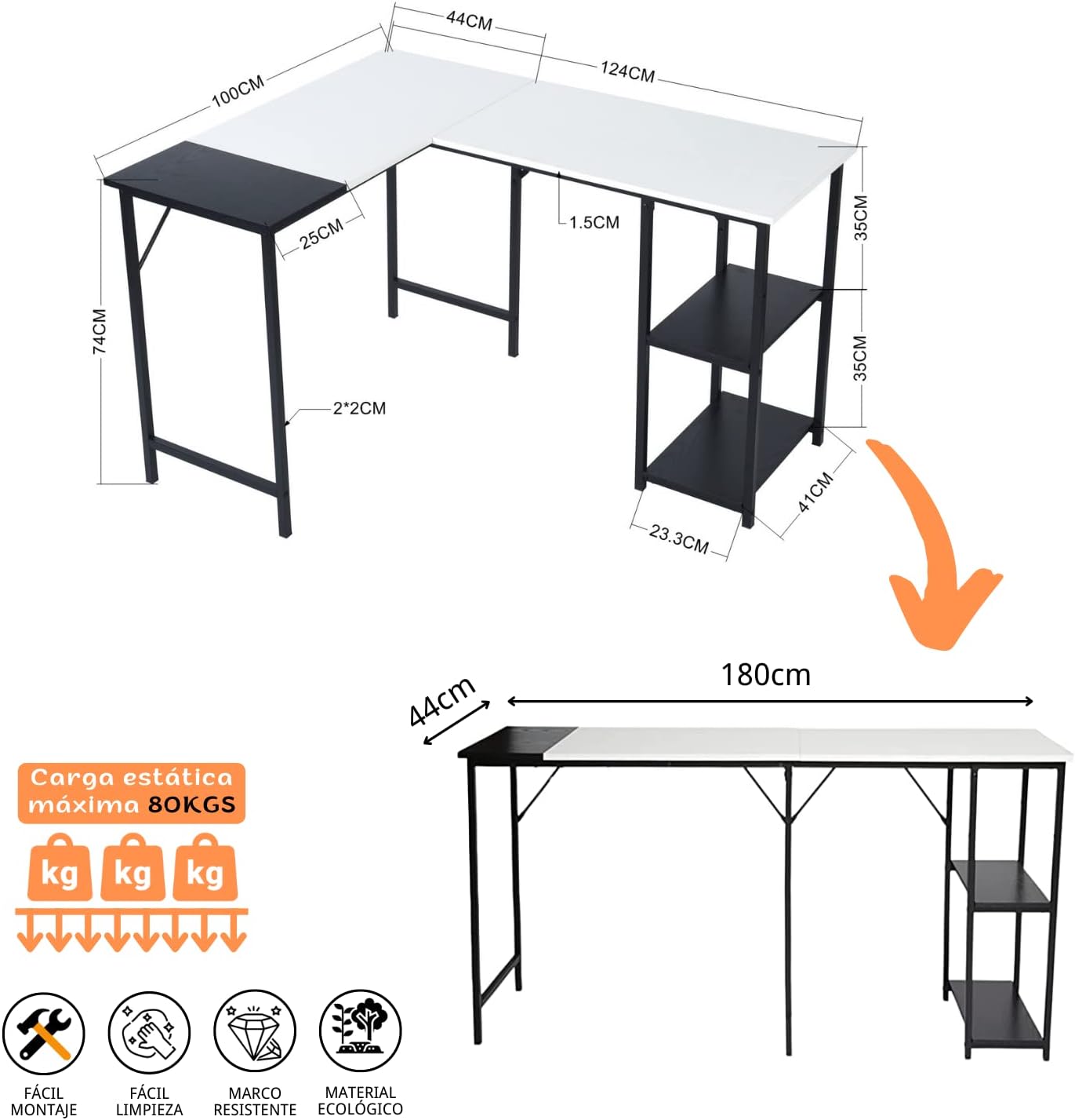 GOMYHOME Escritorio para computadora en Forma de L Escritorio para Juegos de computadora Estación de Trabajo para Escritura Cinturón de Estudio para Oficina en casa Escritorio Grande de 124 cm (Negro)