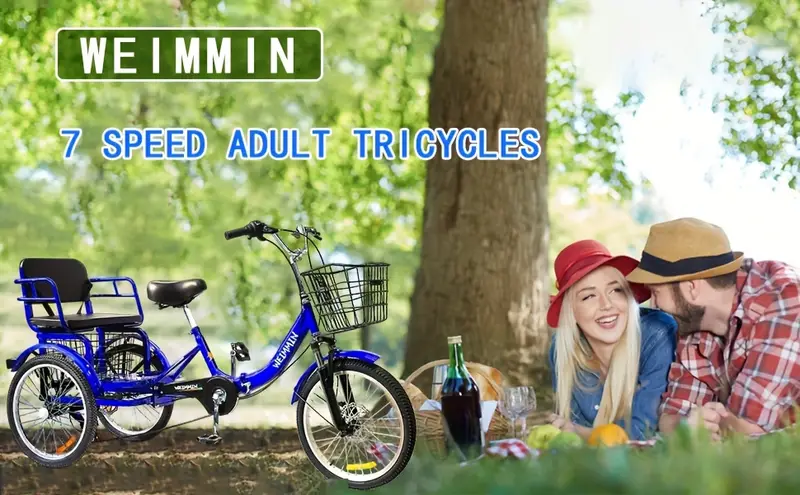 Triciclo para adultos de 7 velocidades, bicicletas de 3 ruedas de 20 pulgadas, triciclo plegable para adultos, para mujeres/hombres/ancianos, bicicleta con rueda de absorci&oacute;n de impactos de horquilla con cesta delantera y trasera para ir de compras. detalles 0