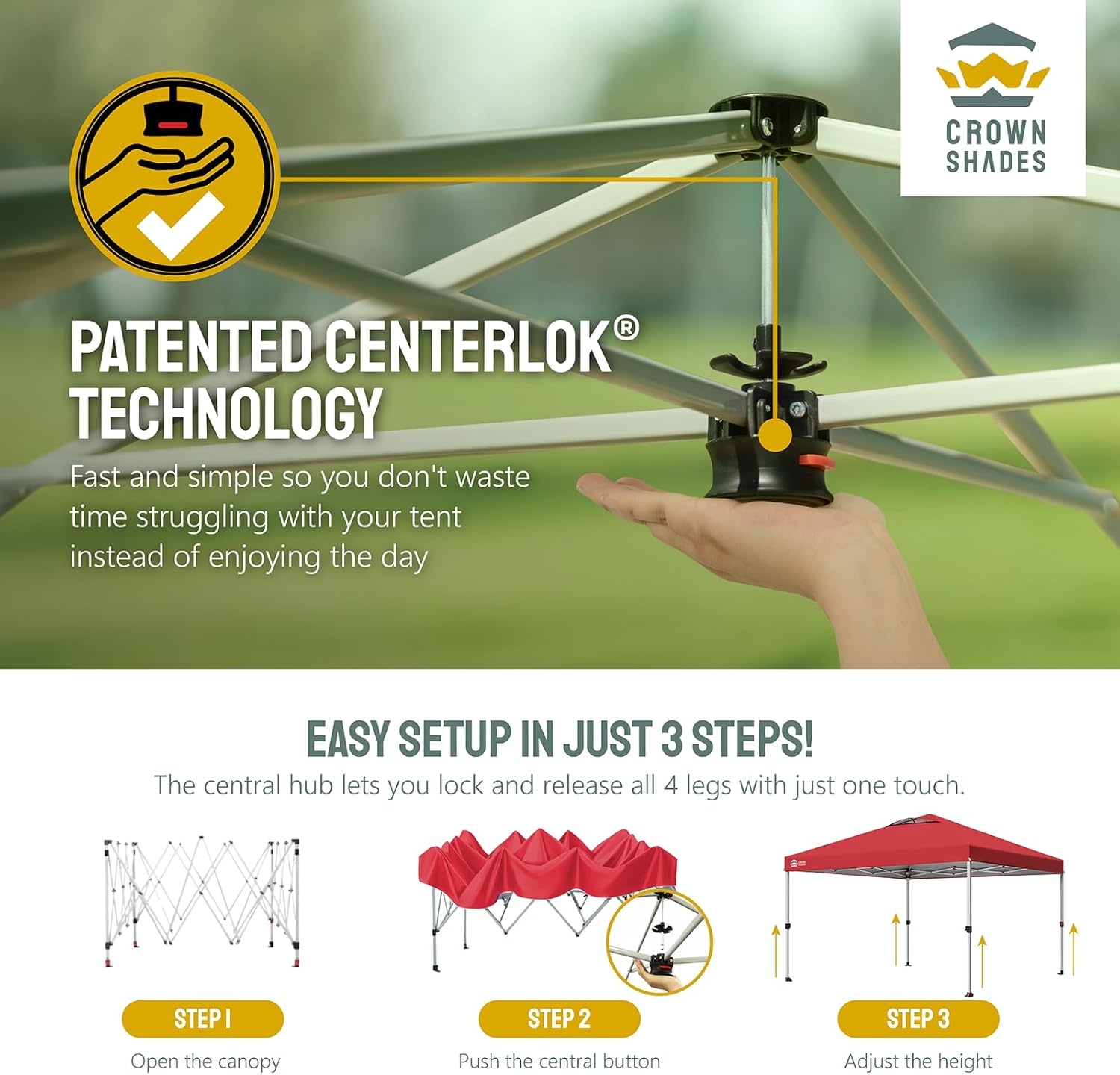 CROWN SHADES - Toldo desplegable de 3.60 x 3.60 metros, toldo patentado de un empuje con bolsa de transporte con ruedas, 8 estacas y 4 cuerdas, negro