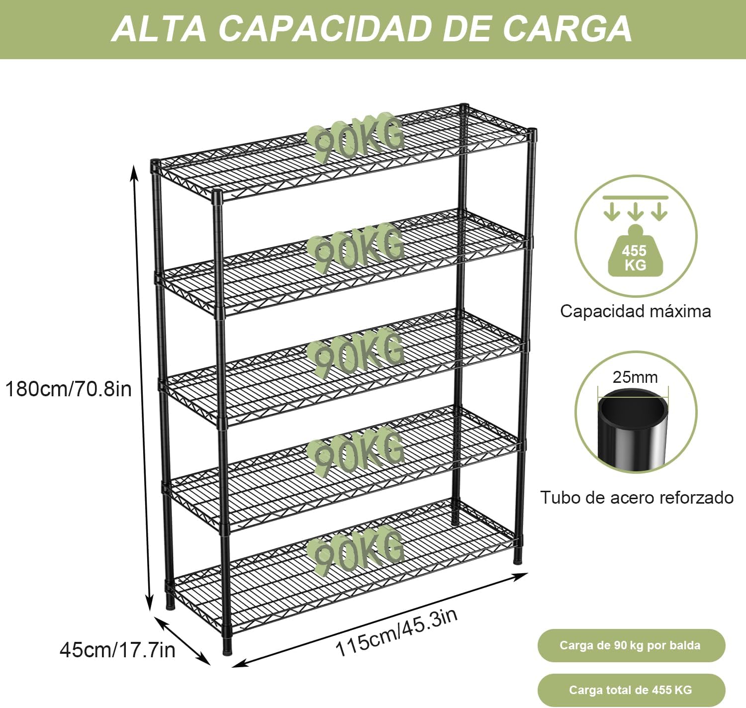 Solerconm Estante de Almacenamiento de Metal de 5 Niveles, Rack Organizador, Gran Capacidad,Uso Rudo, Estante Organizador Ajustable Multiusos,para Cocina,Garaje,Supermercado