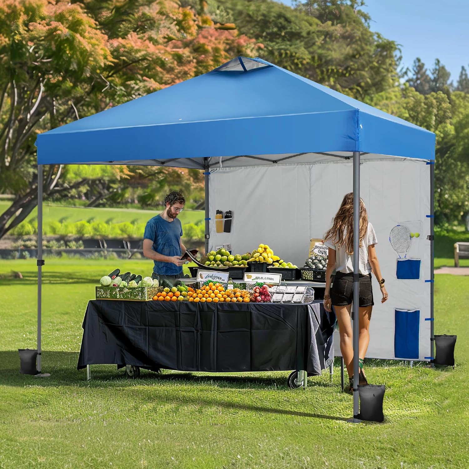 Green Party - Tienda de campaña desplegable de 10 x 10 pulgadas con 1 pared lateral y 6 bolsillos, un toldo instantáneo Ootdoor con techo ventilado y bolsa de transporte con ruedas para patio,