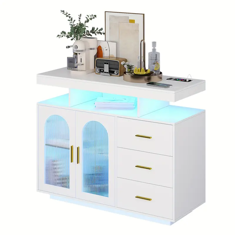 Mueble de buffet LED de 40" con estación de carga inalámbrica, aparador regulable RGB de 20 colores con sensor automático de inducción corporal, mueble de aparador con 1 puerto USB y tipo C y 3 cajones.