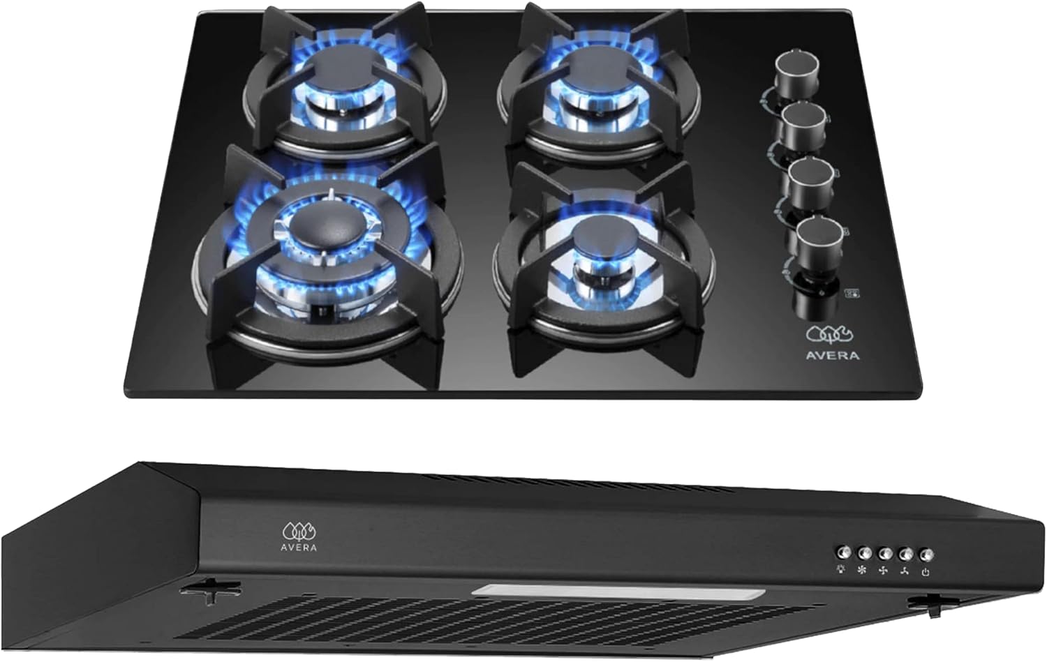 AVERA Combo Parilla y Campana|Parrilla de Gas 4 Quemadores, Vidrio Templado Negro 60cm (Incluye accesorios de Instalación) Encendido Electronico, Estufa Empotrable, para Gas LP y Natural | VT4CEA60N