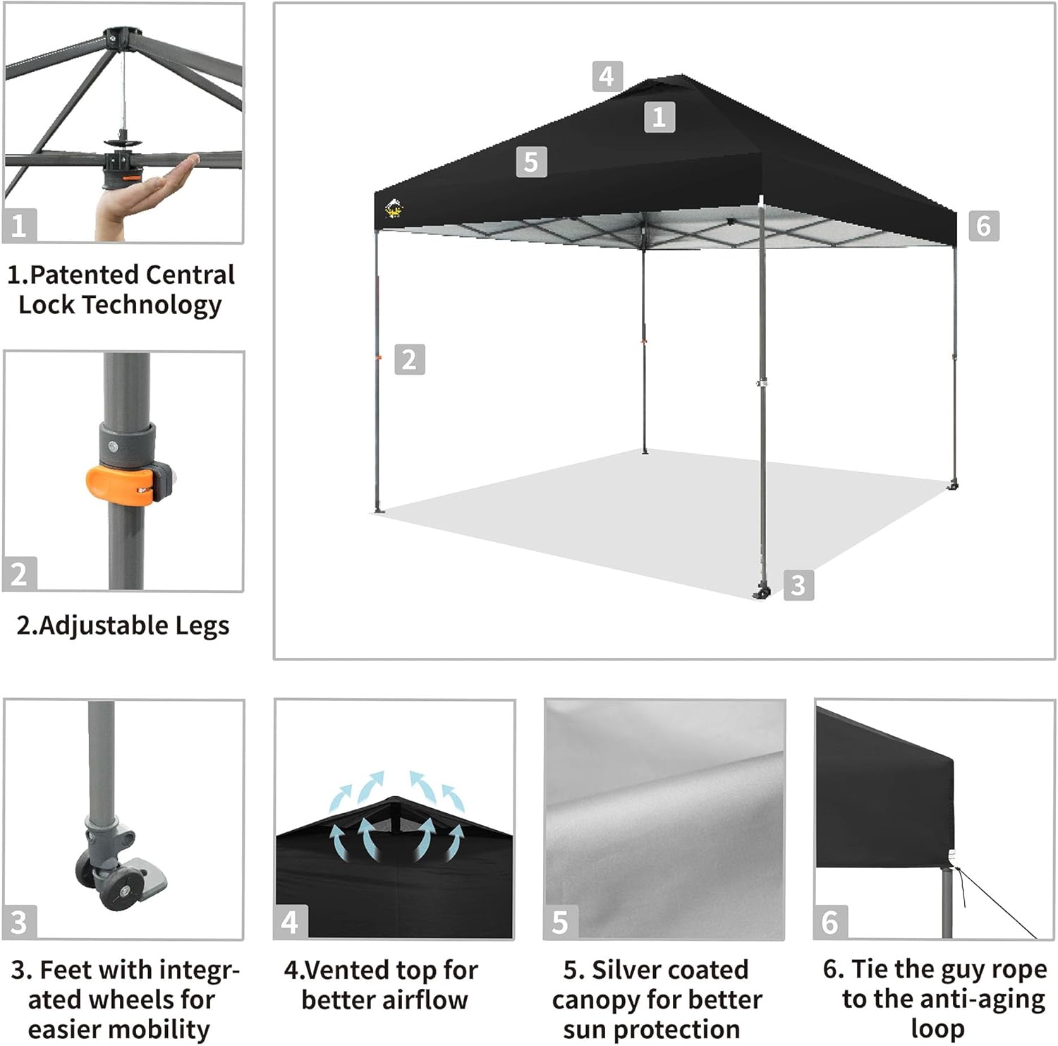 CROWN SHADES - Toldo desplegable de 3.60 x 3.60 metros, toldo patentado de un empuje con bolsa de transporte con ruedas, 8 estacas y 4 cuerdas, negro