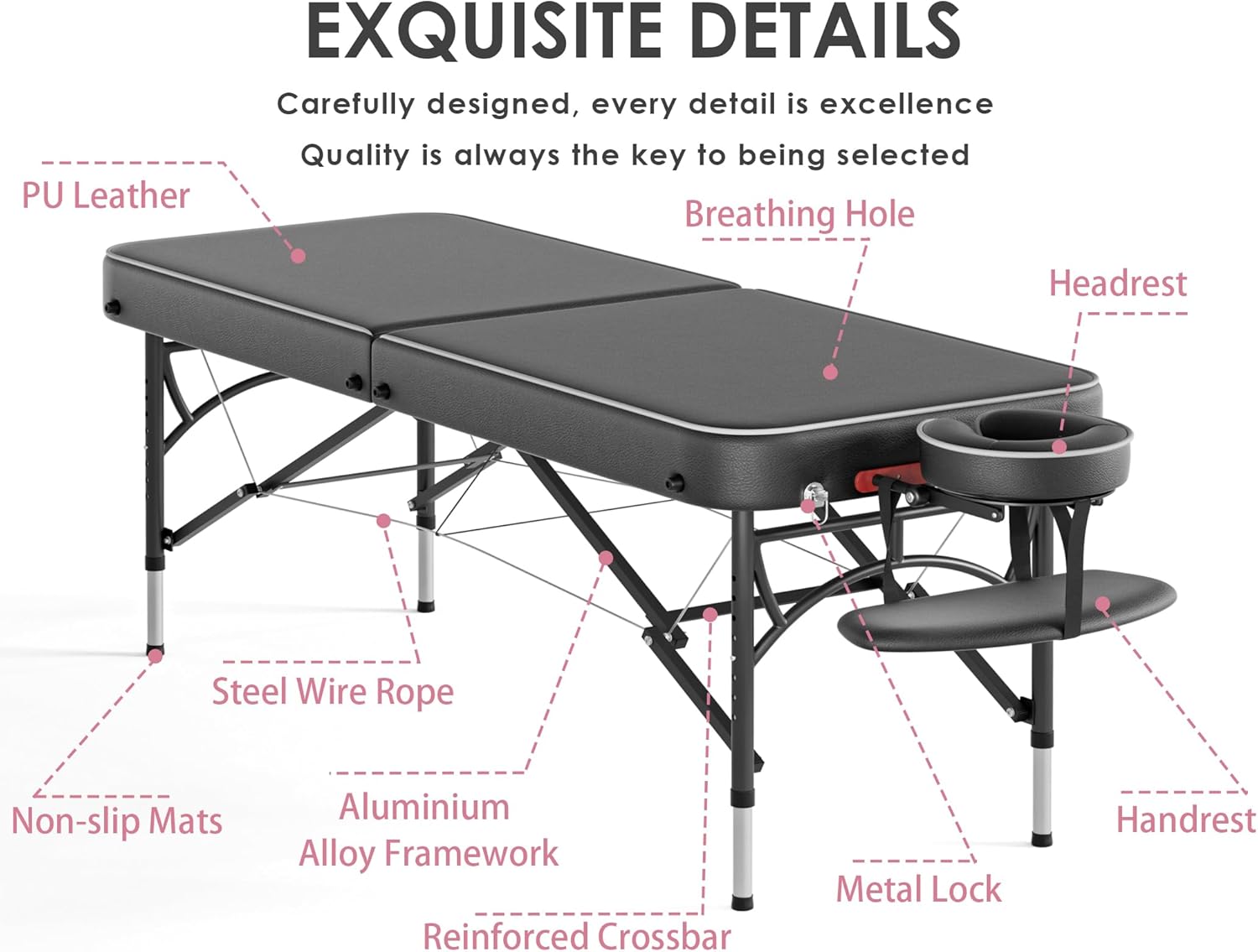 CLORIS - Mesa de masaje profesional de 84 pulgadas, portátil, 2 plegables, ligera, para spa, cama de tatuaje, altura ajustable con bolsa de transporte y pierna de aluminio que soporta hasta 1000