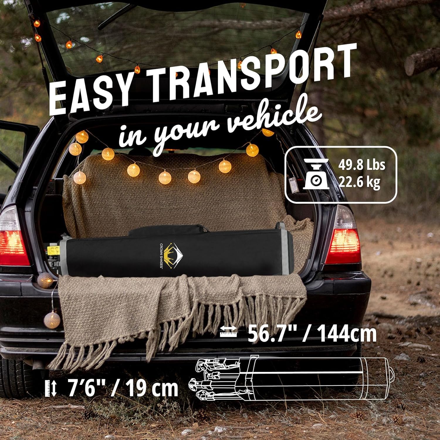 CROWN SHADES - Toldo desplegable de 3.60 x 3.60 metros, toldo patentado de un empuje con bolsa de transporte con ruedas, 8 estacas y 4 cuerdas, negro