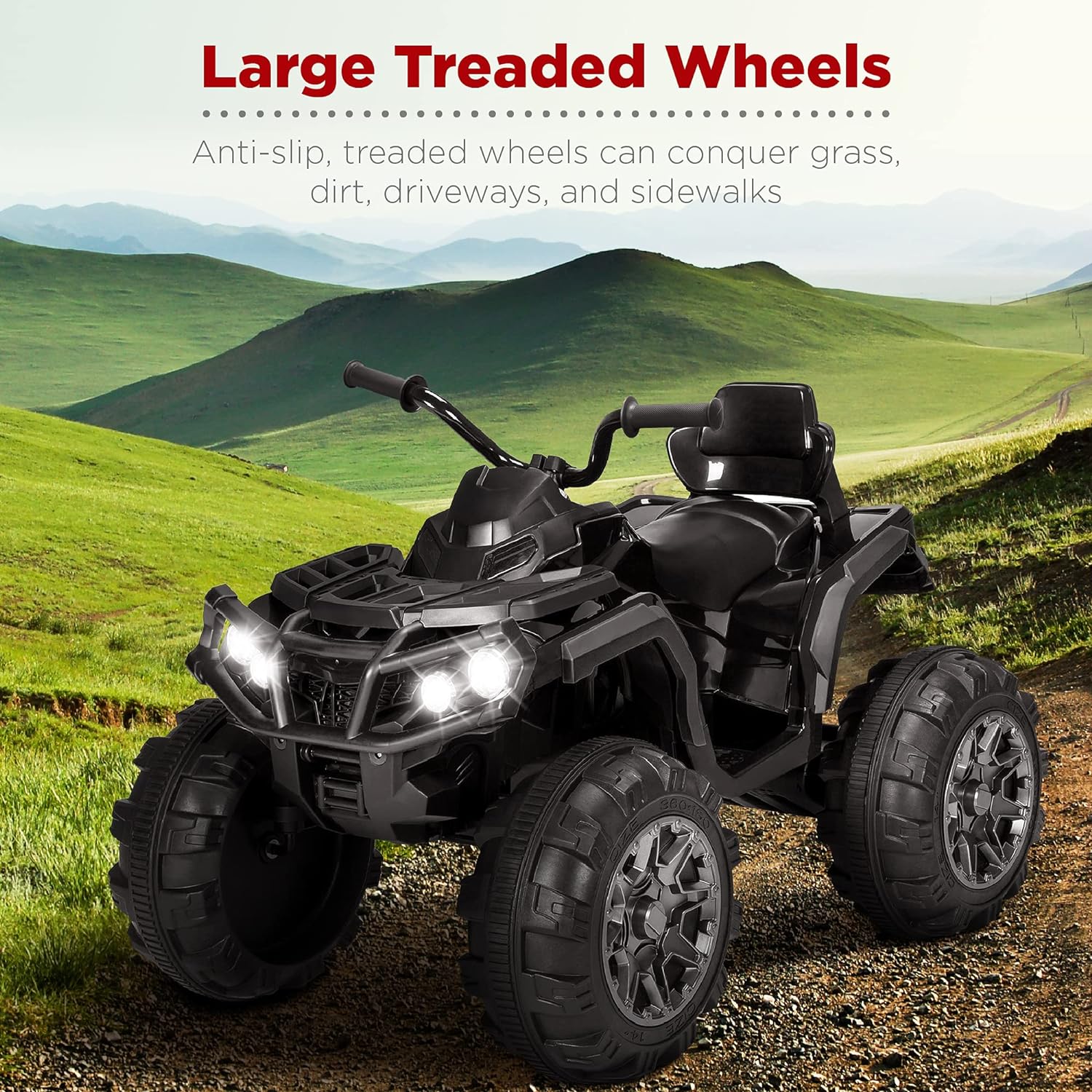 Best Choice Products 12V ATV eléctrico para niños de 4 ruedas con audio Bluetooth, velocidad máxima de 3.7 mph, neumáticos con banda de rodadura, faros LED, radio, color negro