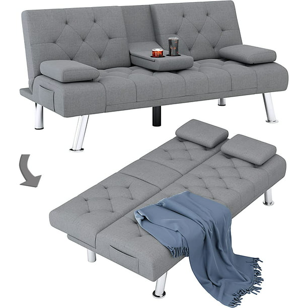 Homfa Sofá cama futón convertible, sofá cama plegable de 66.3 pulgadas con reposabrazos extraíbles y 2 portavasos para sala de estar, acabado gris-almohada