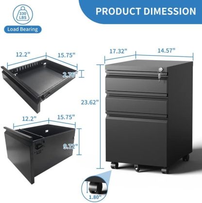 BIZOEIRON - Archivador móvil de 3 cajones, archivador de metal debajo del computadora con cerradura y ruedas, archivador rodante para oficina en casa, legal/letra/archivo A4 (negro)