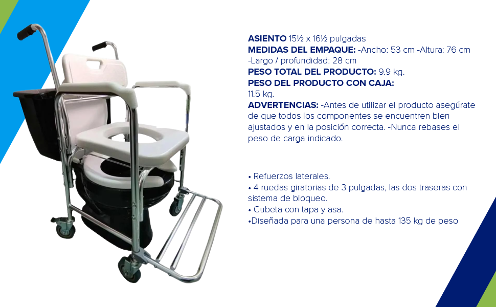 Silla C&oacute;modo para Ba&ntilde;o y de Traslado 3 En 1 Multiusos con Llantas