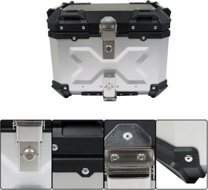 Labwork - Caja trasera para motocicleta de 45 l, con placa de montaje, aleación de aluminio dura, cierre de seguridad contra robo, metal plateado, caja trasera para maletero