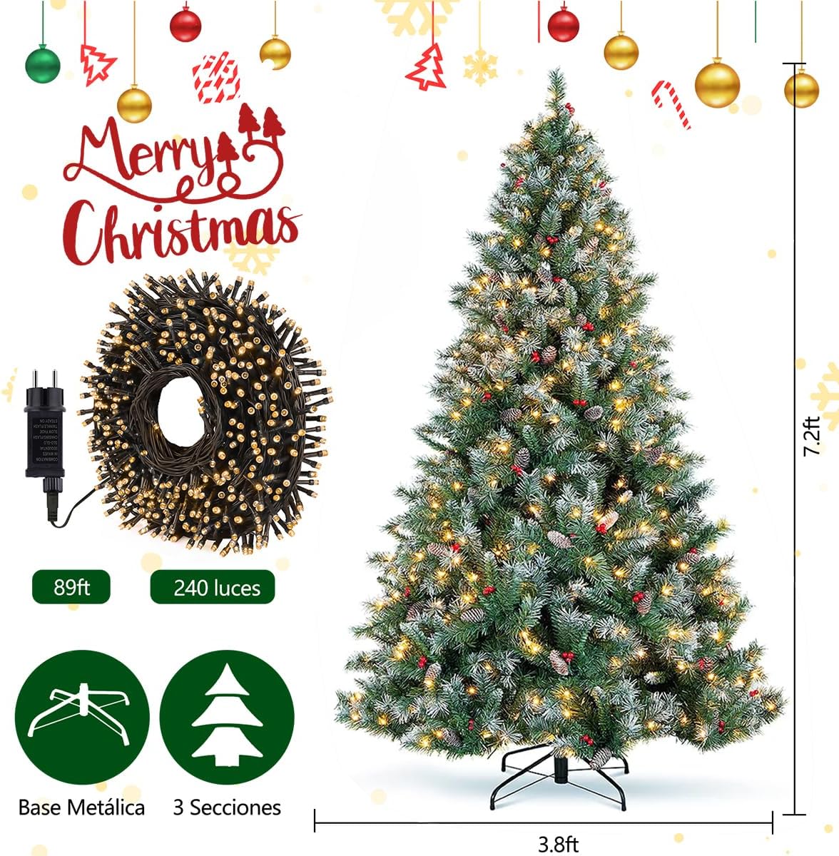 Arbol de Navidad Grande 2.2m, Arbol de Navidad con Luces Integradas, con 27m 240 Luces Led Parpadeantes(8 Modos de Luz), 1140 Ramas, con 35 Pares de Piñas y 35 Pares de Frutos Rojos, Soporte Metálico
