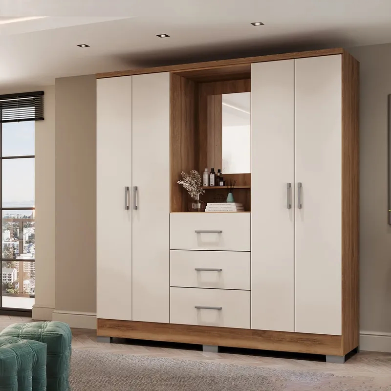 Closet armario 160cm 4 puertas 3 cajones en MDP Freijo con Beige