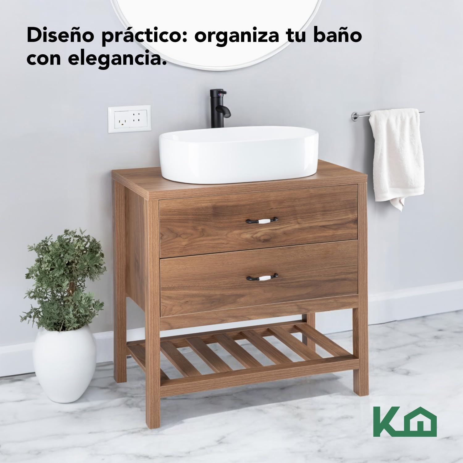 Kingshouse | Gabinete para Baño con Ovalín y Monomando – Mueble de Baño Lavamanos con 2 Cajones – Lavabo – Gabiente Organizador - Color Gris Mate – Fibra de Madera MDF – Lavamanos De Cerámica