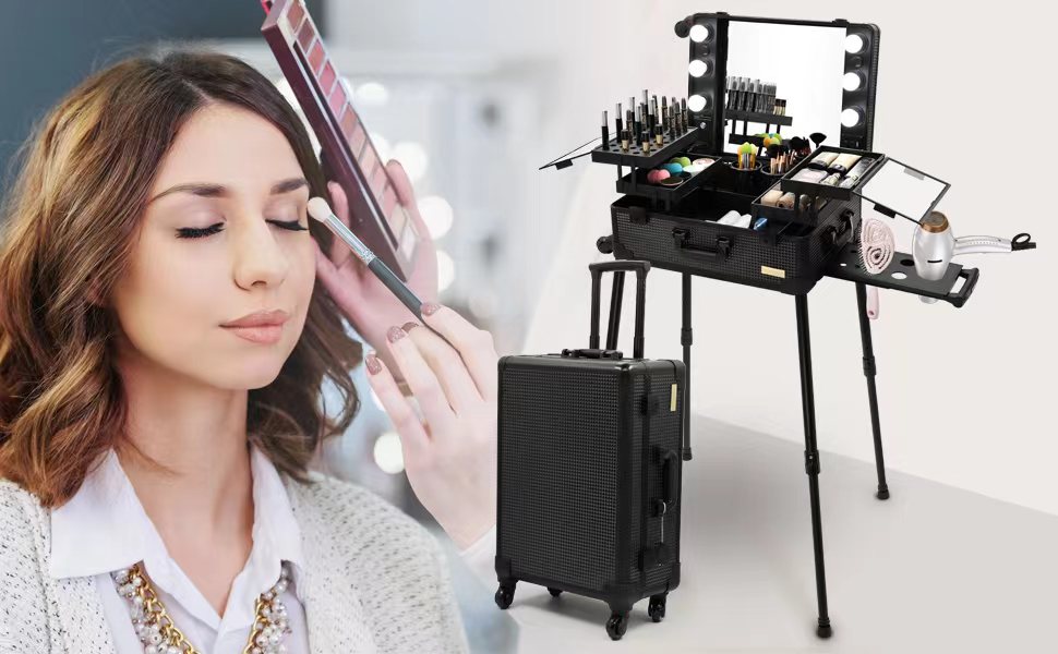 estuche de maquillaje iluminado con soporte