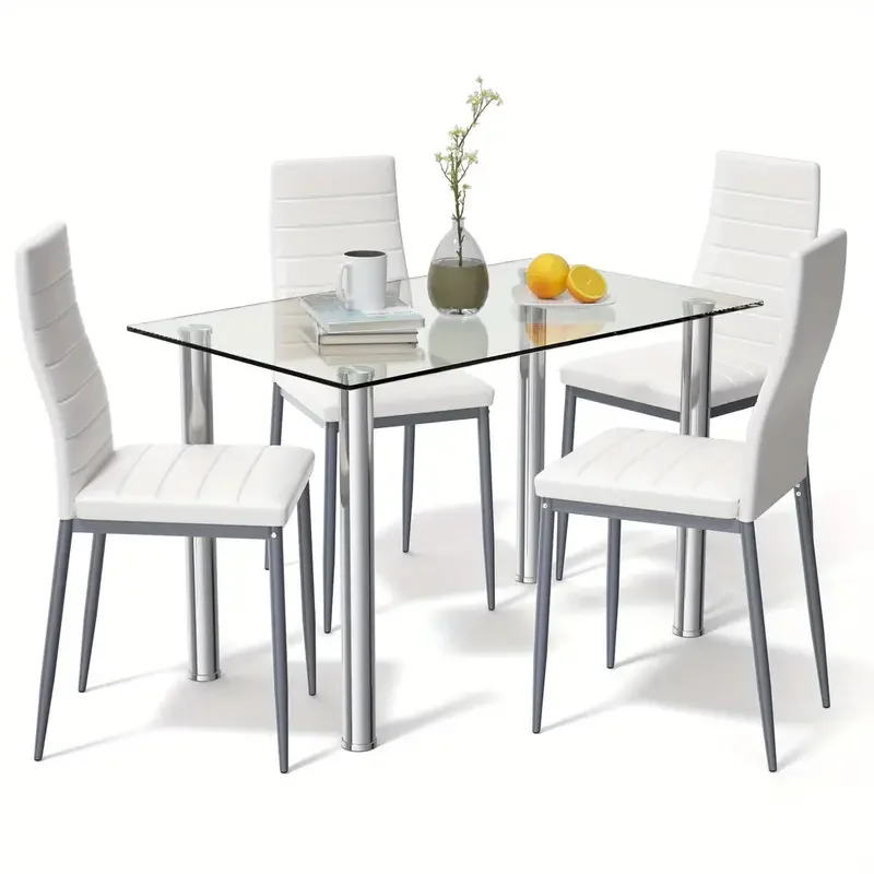 Conjunto de comedor de 5 piezas, mesa y 4 sillas, muebles de cocina y desayuno de vidrio y metal.