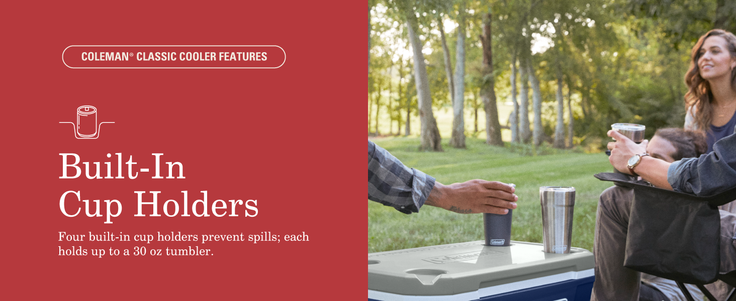 Coleman Classic Cooler cuenta con portavasos integrados para evitar derrames amigos campamento beber vaso agradable