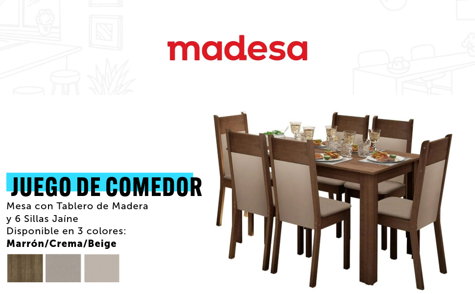 Madesa Juego de Comedor, Mesa con Tablero de Madera y 6 Sillas Ja&iacute;ne - Marr&oacute;n/Crema/Beige