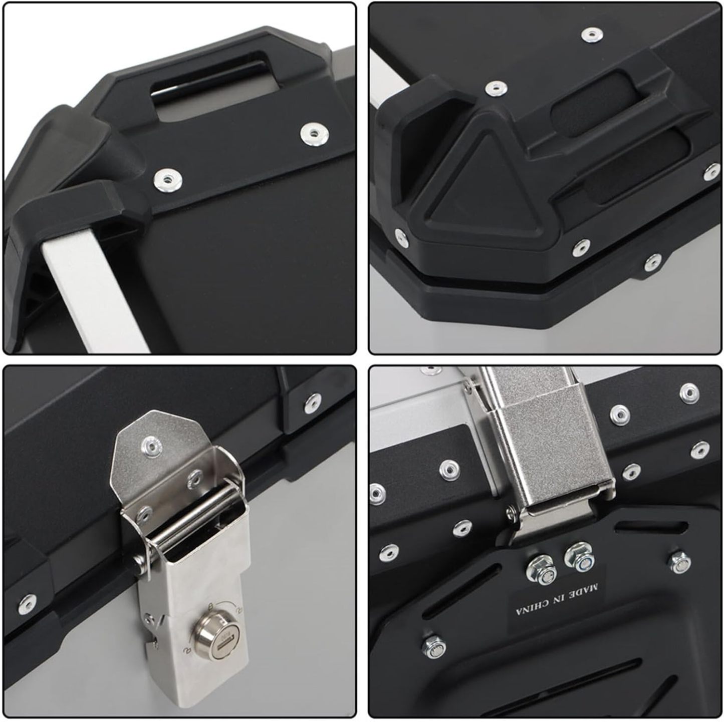 Labwork - Caja trasera para motocicleta de 45 l, con placa de montaje, aleación de aluminio dura, cierre de seguridad contra robo, metal plateado, caja trasera para maletero