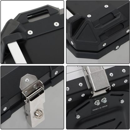 Labwork - Caja trasera para motocicleta de 45 l, con placa de montaje, aleación de aluminio dura, cierre de seguridad contra robo, metal plateado, caja trasera para maletero