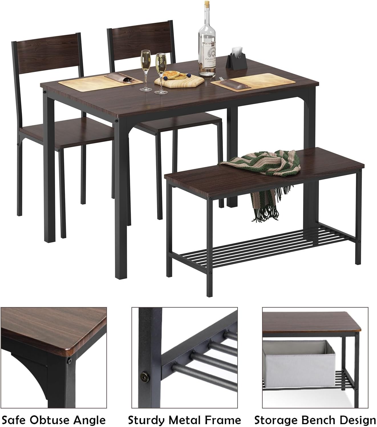soges - Juego de mesa de comedor para 4 personas, juego de mesa de cocina de 43.5 pulgadas para sillas de 4,2 con respaldo, banco para 2 personas con estante de almacenamiento, juego de muebles para comedor y restaurante, roble rústico-trapo