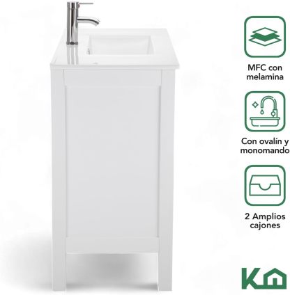 Kingshouse | Gabinete para Baño con Ovalín y Monomando – Mueble de Baño Lavamanos con 2 Cajones – Lavabo – Gabiente Organizador - Color Gris Mate – Fibra de Madera MDF – Lavamanos De Cerámica