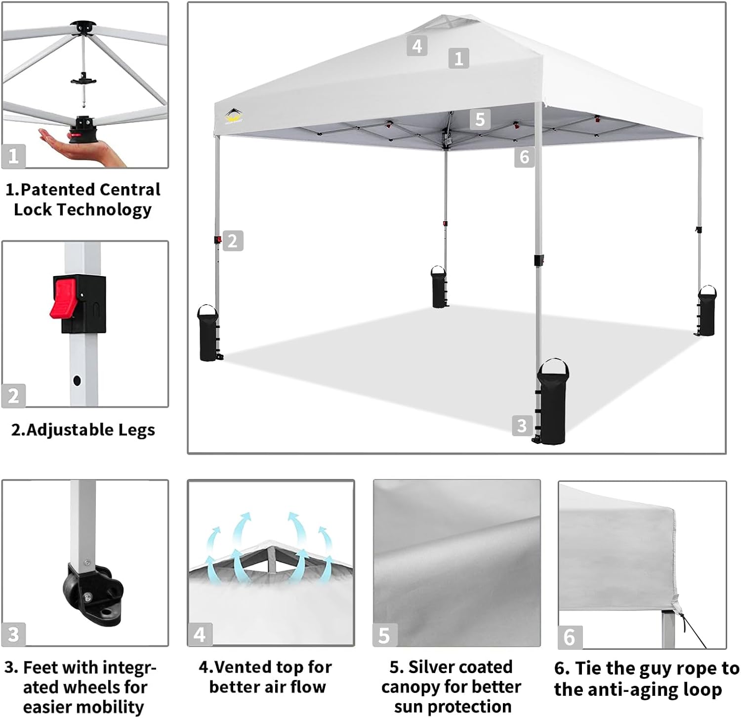 CROWN SHADES - Toldo desplegable de 3.60 x 3.60 metros, toldo patentado de un empuje con bolsa de transporte con ruedas, 8 estacas y 4 cuerdas, negro