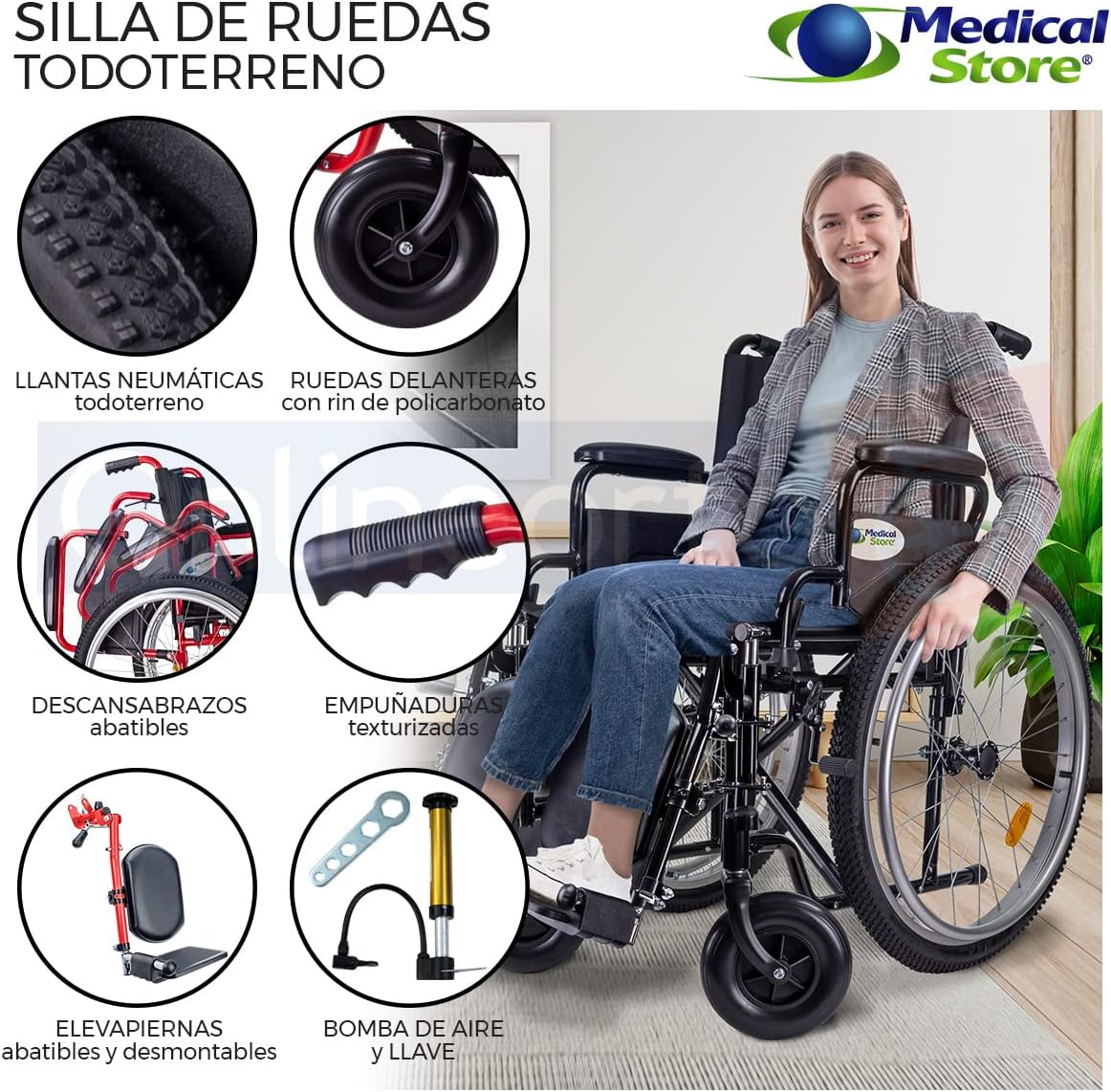 Medical Store Silla de Ruedas TODO TERRENO de Lujo, Modelo 101, Acero Resistente, Con Eleva piernas Desmontables y Descansabrazos Abatibles Color Rojo.…