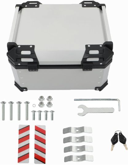 Labwork - Caja trasera para motocicleta de 45 l, con placa de montaje, aleación de aluminio dura, cierre de seguridad contra robo, metal plateado, caja trasera para maletero