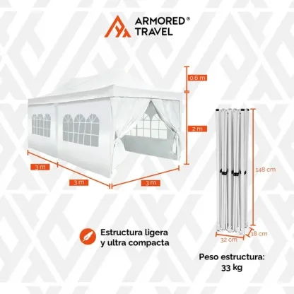 Toldo con paredes Carpa plegable retráctil 3x6 m para jardín eventos Armored Travel Reforzado + maleta