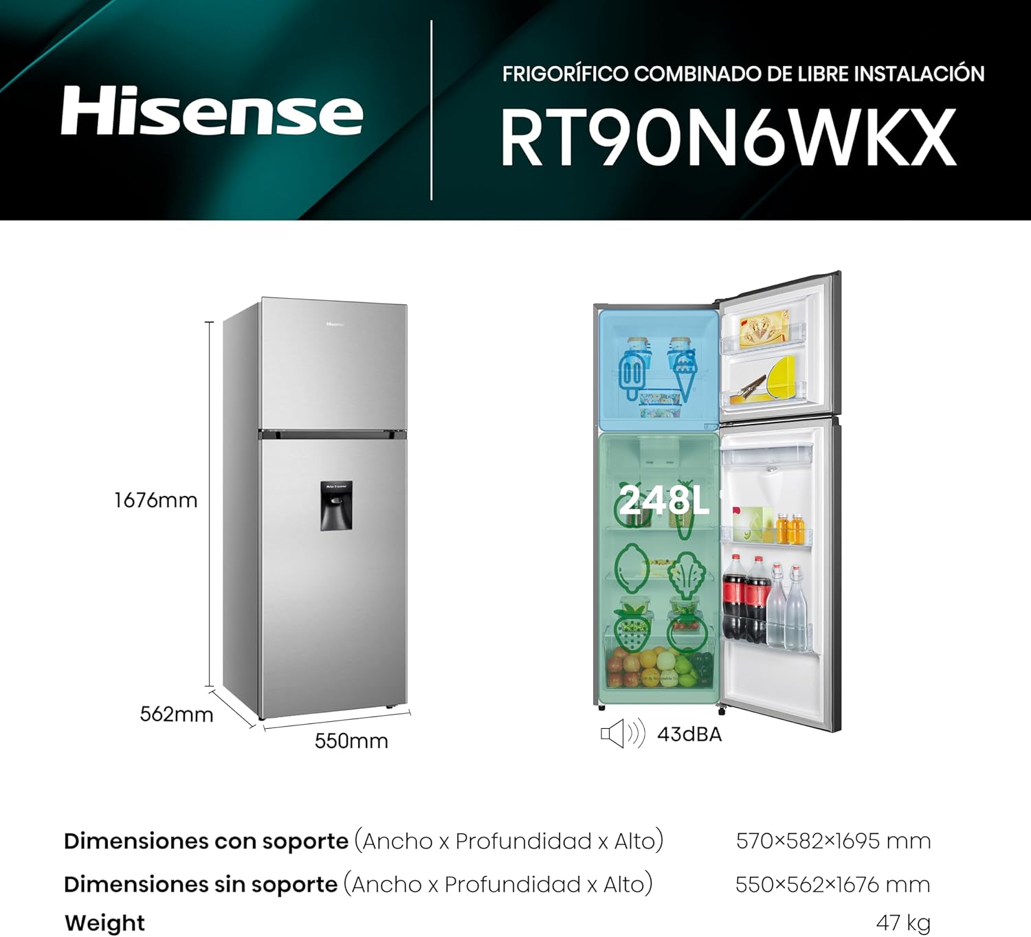 Refrigerador Top Mount Hisense 9 Pies Cúbicos Tecnología No Frost RT90N6WKX2